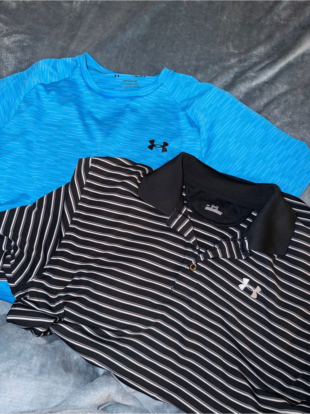 Under Armour Blue Tech Tee and Black Striped Polo Set
